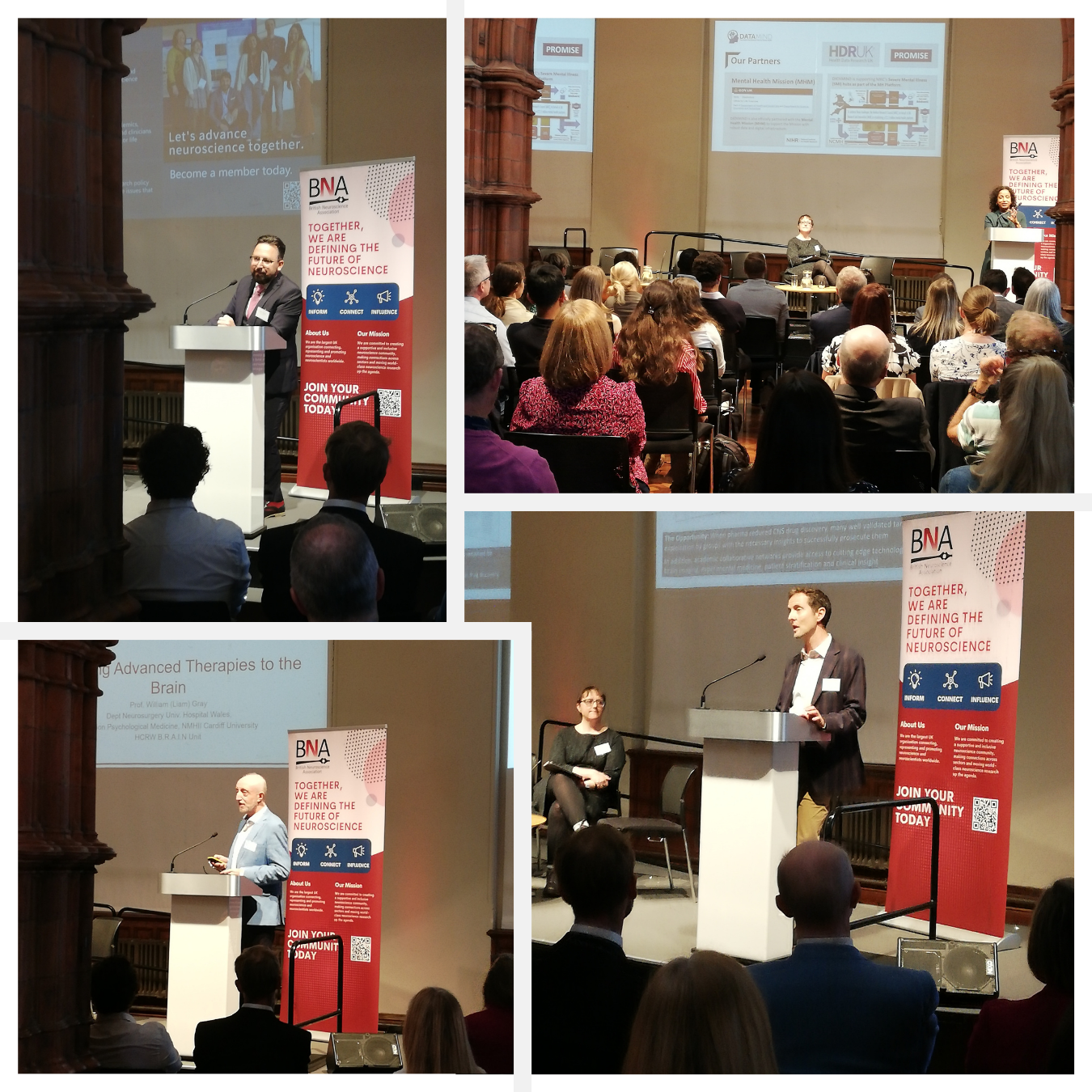 Clockwise: Sponsor Hefin David MS (Caerphilly) opening the event, Professor Ann John (Swansea University), Professor Simon Ward (Cardiff University) and Professor Liam Gray (Cardiff University).